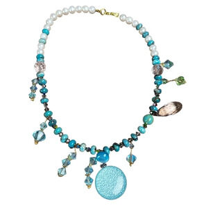 Handcrafted Turquoise Freshwater Pearls Blue Crystal Dangle Necklace